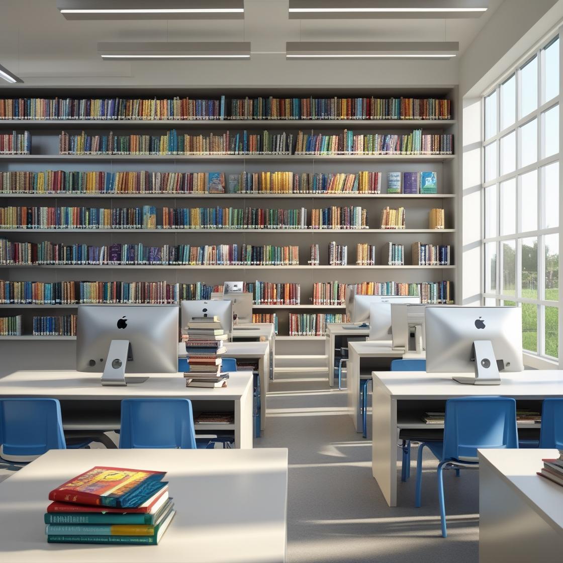 crie uma imagem de biblioteca escolar realista moderna sem pessoas, somente com livros, revistas e computadores (1).jpg