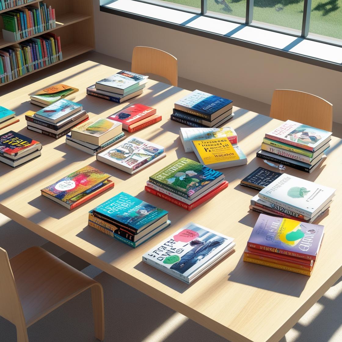 CRIE UMA IMAGEM DE UMA MESA DE BIBLIOTECA ESCOLAR ELEGANTE e moderna COM VARIOS LIVROS E REVISTAS, SEM PESSOAS (1).jpg